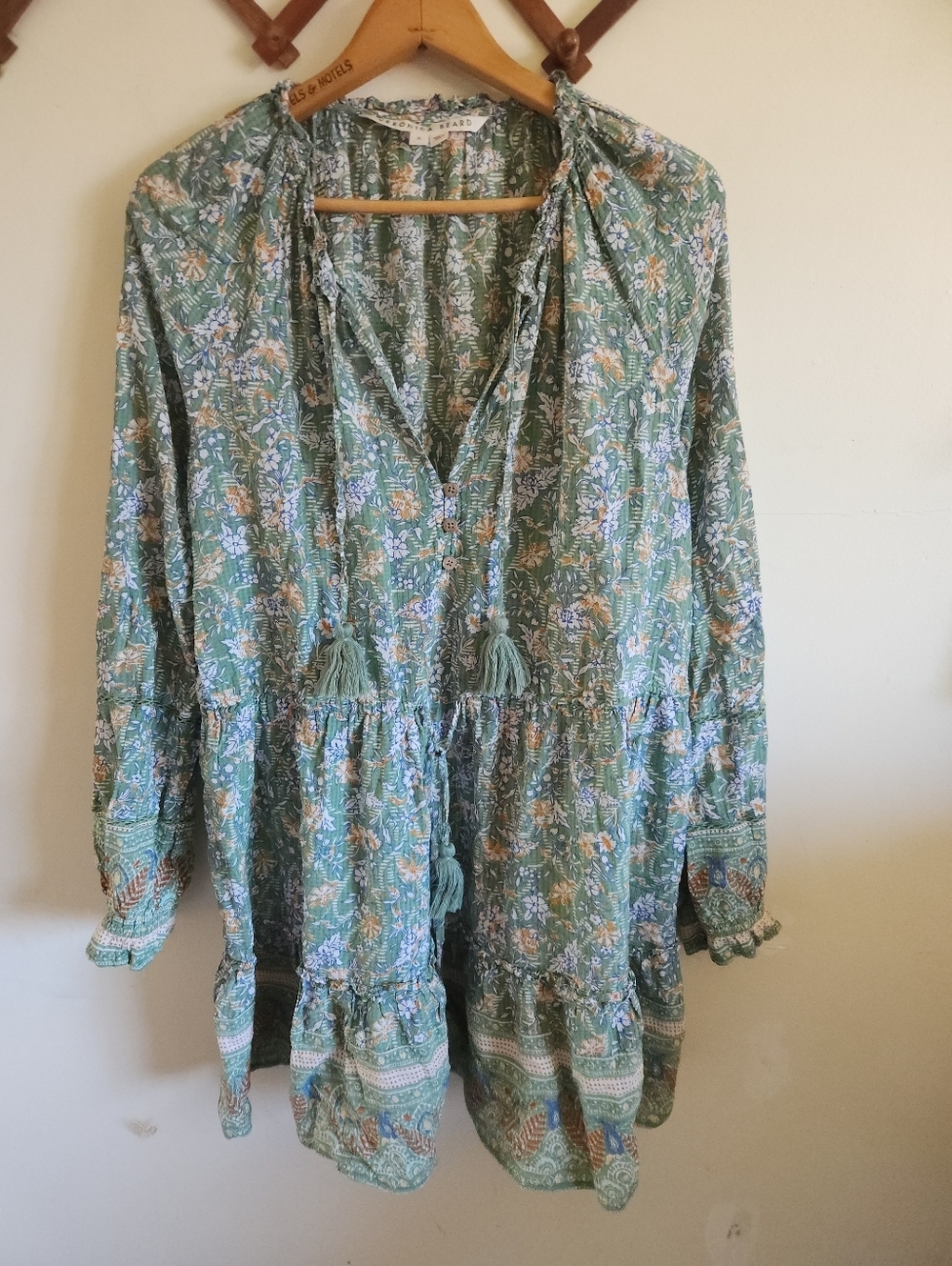 Veronica Besrd Mini Dress Green Floral Tassel Peasant Long Sleeve XL